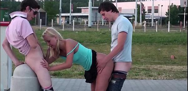  Extreme public street sex threesome with blonde cute teen girl and 2 young guys
